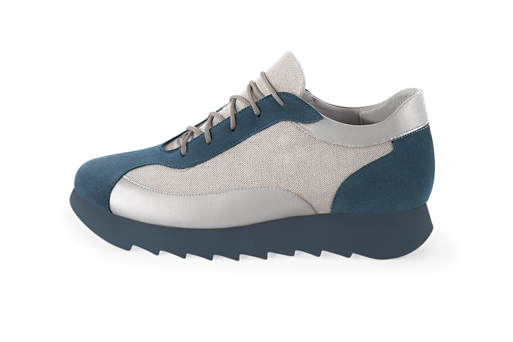 Peacock blue and light silver women's two-tone elegant sneakers. Round toe. Low rubber soles. Profile view - Florence KOOIJMAN